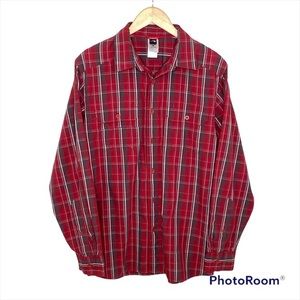 The north face men medium red plaid logo buttons long sleeves shirt size M EUC